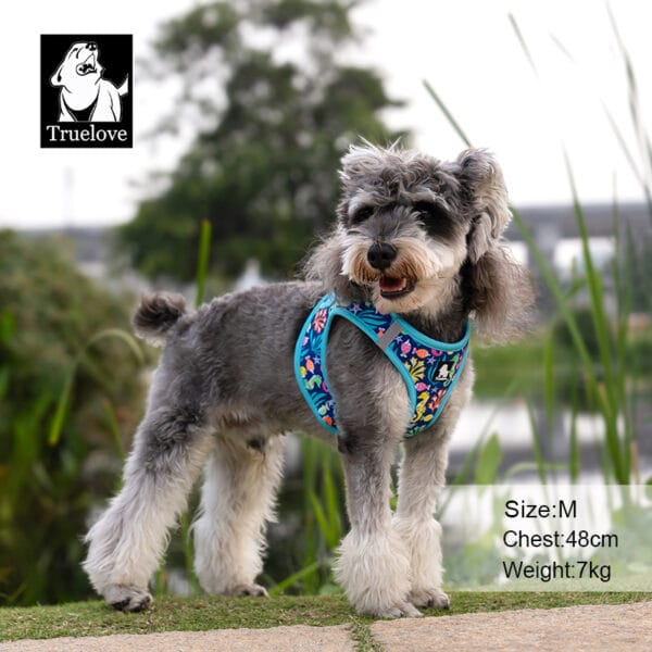 A small gray and white dog wears a blue floral Truelove Easy Fit Quick-Release Pet Harness with Dual D-Rings (Size M, Chest: 48 cm, Weight: 7 kg) while standing by grass and water. The Truelove logo appears in the top left corner.