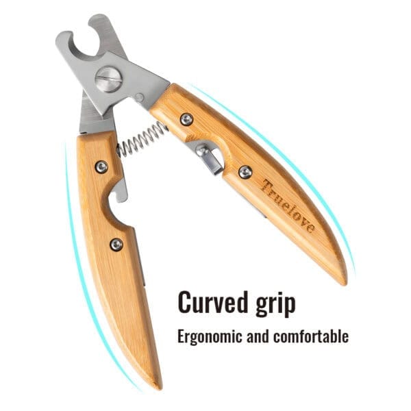 Truelove Heavy-Duty Bamboo Pet Nail Clipper for large breed dogs features a curved, ergonomic grip. The handle is engraved with “Truelove” and ensures a comfortable, secure hold during grooming.