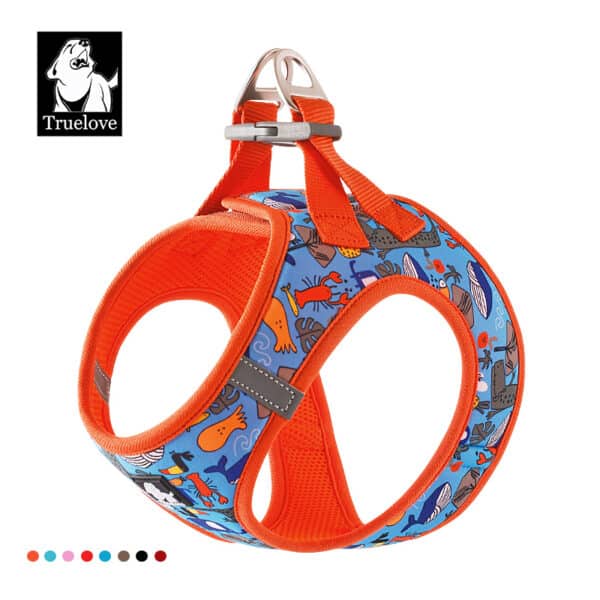 The Truelove Easy Fit Quick-Release Pet Harness features a bright orange and blue cartoon animal design, reflective trim, sturdy dual D-rings, a "Truelove" logo at the top left, and color options shown below.