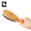 A hand holds the Truelove Bamboo Pet Brush – Dual-Action Grooming Comb for Dogs & Cats with black bristles and a wooden handle. The Truelove logo appears in the top left corner against a white background.