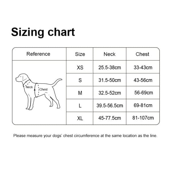 Dog sizing chart (XS–XL) with neck/chest measurements in cm. Diagram shows where to measure your dog for the best fit of the Truelove TLH6771 LED Dog Harness - GPS Tracker Smart Safety. Measure at the exact spots indicated.