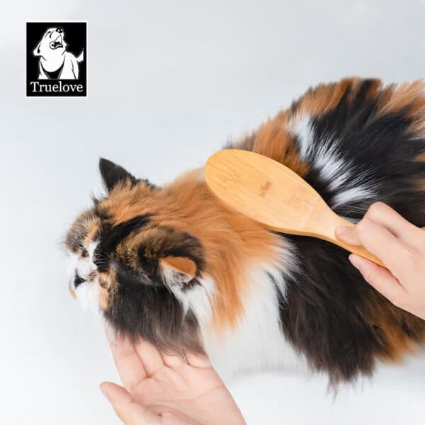 A person brushes a fluffy calico cat using the Truelove Bamboo Pet Brush – Dual-Action Grooming Comb for Dogs & Cats; the relaxed cat is shown, with a "Truelove" logo featuring a dog's head in the top left corner.