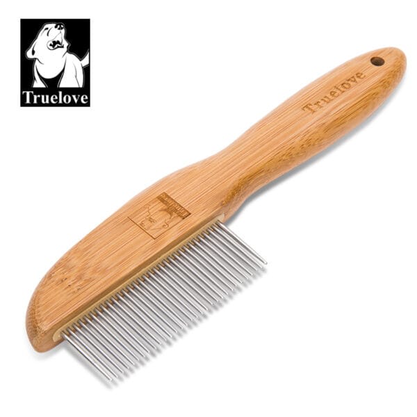 The Truelove Bamboo Pet Grooming Brush – Stainless Steel Pins, with a wooden handle and metal pins, is displayed on a white background. The Truelove logo with a dog illustration appears in the top left corner.