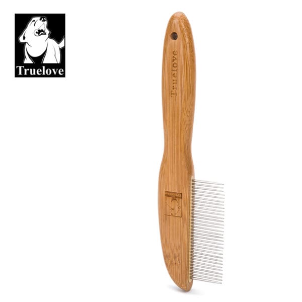 The Truelove Bamboo Pet Grooming Brush with stainless steel pins and "Truelove" engraved on its curved handle is shown on a white background, with the Truelove logo featuring a dog in the top left corner.