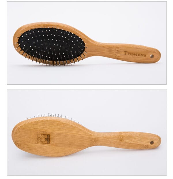 The Truelove Bamboo Pet Grooming Comb – Premium Brush features a black cushioned base and metal bristles, with "Truelove" on the bamboo handle. The brush is displayed from front and back against a white background.
