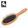 The Truelove Bamboo Pet Grooming Comb – Premium Brush, featuring a wooden handle, metal bristles, and a black cushion, is shown on a white background with the Truelove dog head logo in the upper left corner.