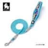The Truelove TLL25761 Outdoor Dog Leash features a light blue floral design, padded handle, zinc alloy hook, and branded dog logo. Five color choices are displayed as small circles below.