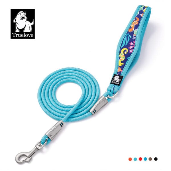 The Truelove TLL25761 Outdoor Dog Leash features a light blue floral design, padded handle, zinc alloy hook, and branded dog logo. Five color choices are displayed as small circles below.