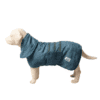 A light-colored dog stands in profile on a white background, wearing the Microfiber Dog Bathrobe | Quick-Dry Absorbent Drying Coat with a blue hood covering its body and neck.