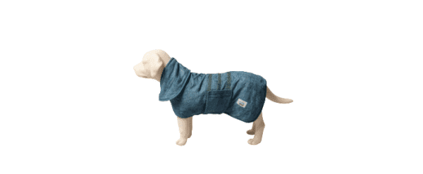 A light-colored dog stands in profile on a white background, wearing the Microfiber Dog Bathrobe | Quick-Dry Absorbent Drying Coat with a blue hood covering its body and neck.