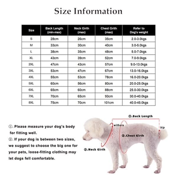 Fleece Dog Sweater | Warm Winter Vest for Dogs & Cats size chart (S–7XL) shows back length, neck girth, chest girth, and weight range. Includes a labeled dog diagram and fitting tips at the bottom.