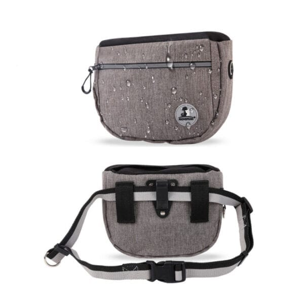 Front and back views of the Dog Treat Bag with Poop Bag Dispenser | Waterproof Waist Belt, featuring a gray, water-resistant design with water droplets, a small round logo, black zipper, and adjustable black strap.