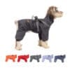 Dog wearing the reflective raincoat in gray, showing the adjustable fit and reflective collar for visibility in low-light conditions.