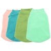 Four small Fleece Dog Sweater vests for pets are shown side by side in pastel pink, teal, olive green, and mint green on a white background.