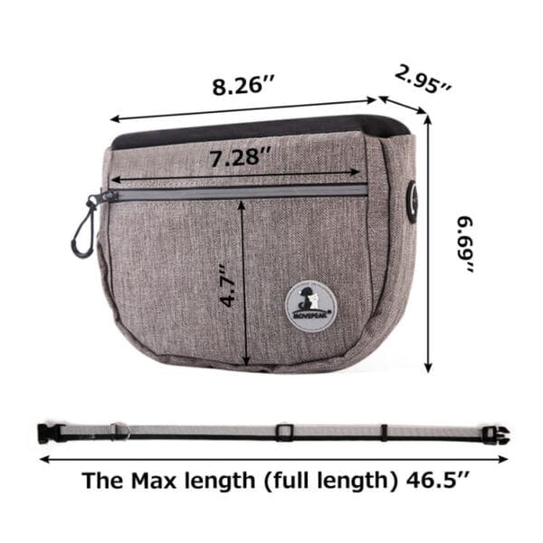 The Dog Treat Bag with Poop Bag Dispenser | Waterproof Waist Belt is gray with a zipper, measures 8.26"W x 2.95"D x 6.69"H, has a front pocket (7.28"W x 4.7"H), and features a strap adjustable up to 46.5 inches long.