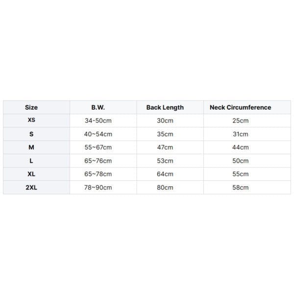 Microfiber Dog Bathrobe | Quick-Dry Absorbent Drying Coat size chart (cm): XS-2XL fits all pups. Measures B.W., back length, neck circumference—XS: 34-50/30/25 to 2XL: 78-90/80/58 for a perfect fit.