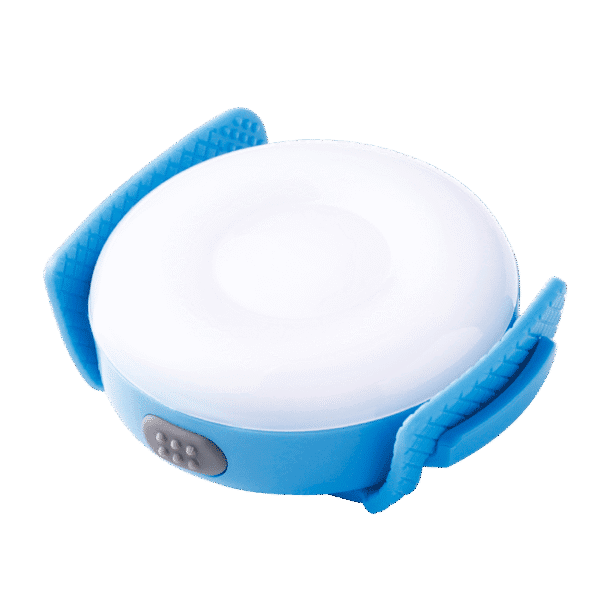 The Truelove TLD19103 Pet LED Light is a small, round, blue and white portable safety light with two flexible silicone handles and a gray front button, shown on a white background. Waterproof and rechargeable.