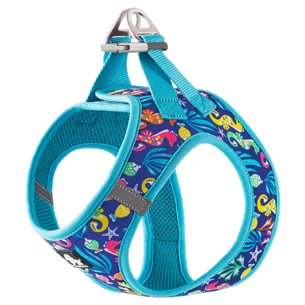 The Truelove Easy Fit Quick-Release Pet Harness with Dual D-Rings features blue edging, a tropical lizard, fish, and plant pattern, padded mesh lining for comfort, and metal D-rings for leash attachment.
