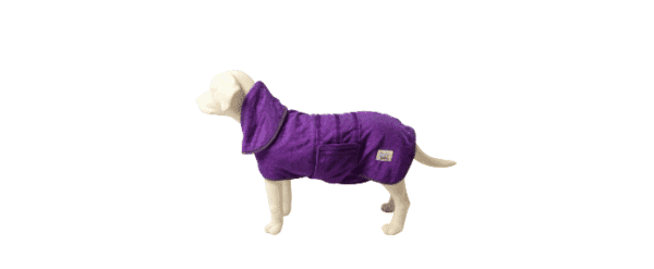 A dog mannequin models the Microfiber Dog Bathrobe | Quick-Dry Absorbent Drying Coat in purple, with a hood, shown in profile facing left on a plain white background.