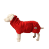 A white dog mannequin models the Microfiber Dog Bathrobe | Quick-Dry Absorbent Drying Coat in bright red, featuring a snug fit and small side pocket, set against a plain white background.