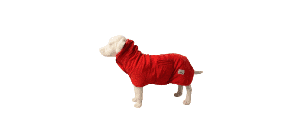 A white dog mannequin models the Microfiber Dog Bathrobe | Quick-Dry Absorbent Drying Coat in bright red, featuring a snug fit and small side pocket, set against a plain white background.