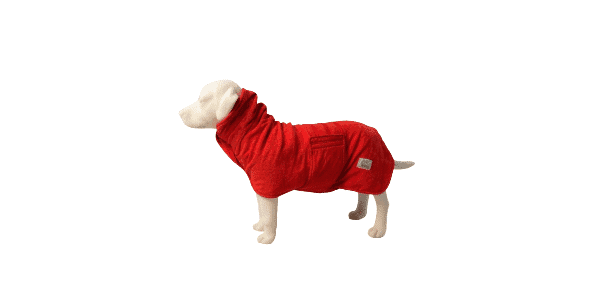 A white dog mannequin models the Microfiber Dog Bathrobe | Quick-Dry Absorbent Drying Coat in bright red, featuring a snug fit and small side pocket, set against a plain white background.