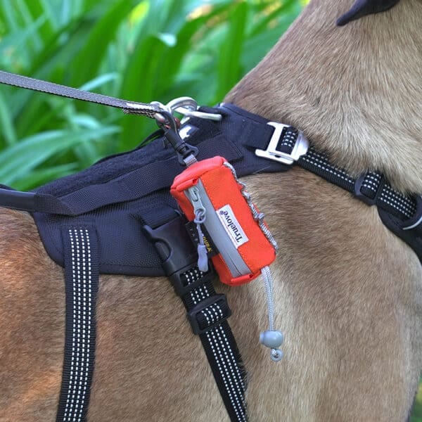 A close-up of a dog in a black harness with a red GPS tracker, leashed near green plants and the Truelove TLB2012 Pet Carrier—waterproof, multi-use, and made with durable DuPont material—visible in the blurred background.