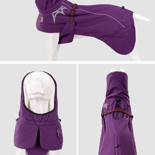 A dog mannequin models a purple hooded raincoat for dogs, shown from the side, front, and back angles, highlighting the coat’s coverage, reflective accents, and adjustable fit.