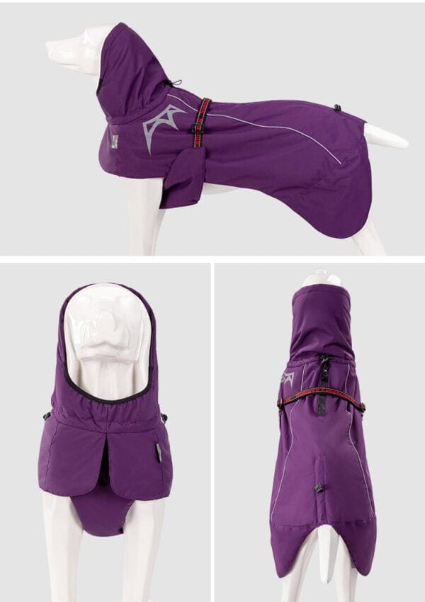 A dog mannequin models a purple hooded raincoat for dogs, shown from the side, front, and back angles, highlighting the coat’s coverage, reflective accents, and adjustable fit.