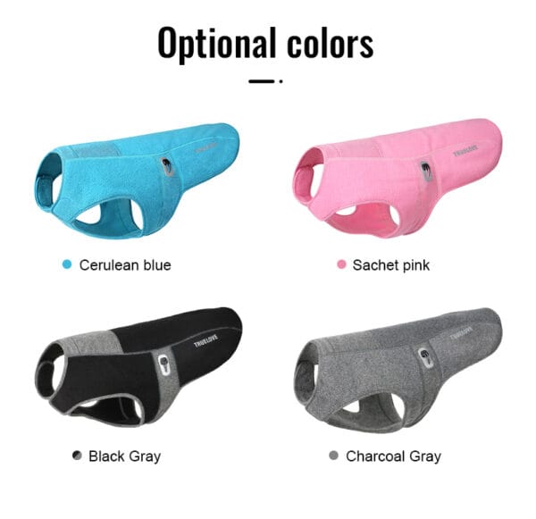 Dog jacket color options in anti-bacterial polar fleece — Truelove TLG2522 (cerulean blue, sachet pink, black gray, charcoal gray)