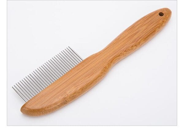 The Truelove Bamboo Pet Grooming Brush with stainless steel pins and a wooden handle is displayed on a white background.