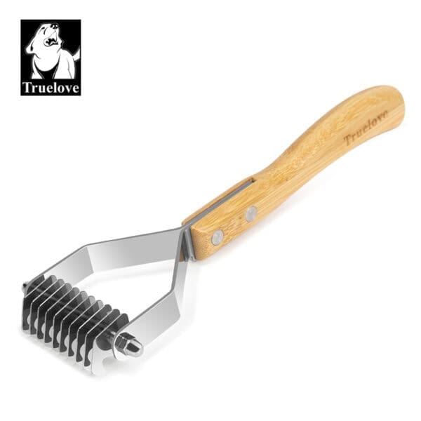 The Truelove Bamboo Molting Hair Comb features a bamboo handle engraved with "Truelove," multiple metal blades for removing loose fur, and the Truelove dog logo in the top left corner.