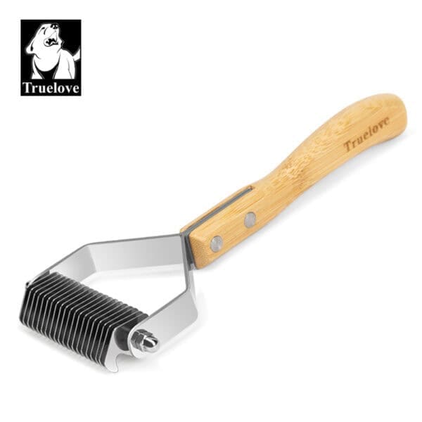 The Truelove Bamboo Molting Hair Comb features a sturdy bamboo handle, sharp curved blades, and the engraved "Truelove" logo. The Truelove brand dog logo is visible in the top left corner.