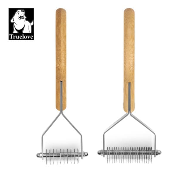 Two Truelove Bamboo Molting Hair Combs with bamboo handles and metal combs are shown side by side; the left comb has fewer teeth. The "Truelove" logo with a dog's head appears in the top left corner.