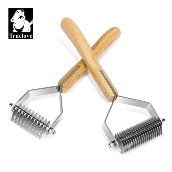 Two Truelove Bamboo Molting Hair Combs with bamboo handles are crossed. Each has metal teeth for grooming, and the “Truelove” brand logo with a dog illustration appears in the top left corner.