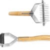 The Truelove Bamboo Molting Hair Comb features a bamboo handle engraved with "Truelove" and metal teeth. Shown from the top and side, this double-sided grooming rake is ideal for pet care.