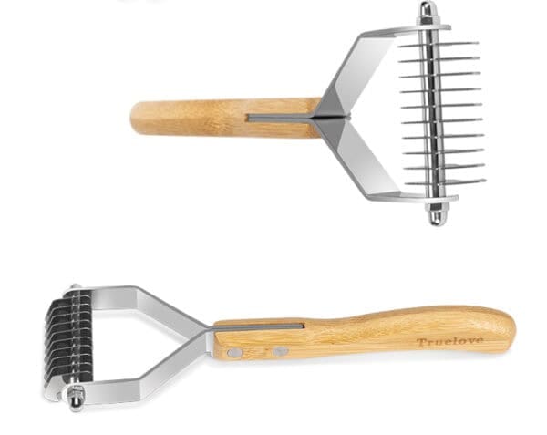 The Truelove Bamboo Molting Hair Comb features a bamboo handle engraved with "Truelove" and metal teeth. Shown from the top and side, this double-sided grooming rake is ideal for pet care.