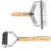 Two views of the Truelove Bamboo Molting Hair Comb, featuring a sturdy bamboo handle with visible screws and metal blades with sharp, curved teeth for dematting or thinning pet fur.
