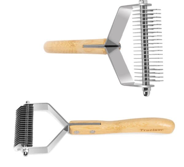 Two views of the Truelove Bamboo Molting Hair Comb, featuring a sturdy bamboo handle with visible screws and metal blades with sharp, curved teeth for dematting or thinning pet fur.