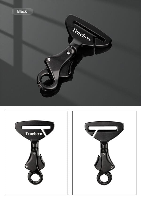 Truelove TLM1993 Pet Car Safety Lock made of black aluminum alloy, featuring a secure clip and buckle design for attaching pet harnesses to car seat belts.