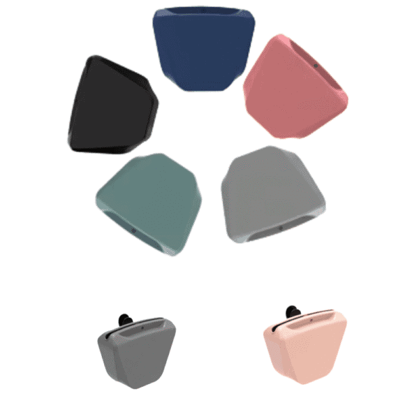 Six geometric-shaped wireless earbuds in black, navy blue, dusty pink, sage green, gray, and light pink—resembling the Silicone Dog Treat Pouch | Magnetic Closure Training Bag—are arranged in a circle above two single earbuds on a white background.
