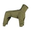 green windproof dog jacket with adjustable drawstrings at the neck and legs, designed for protection and comfort in cold and windy conditions.