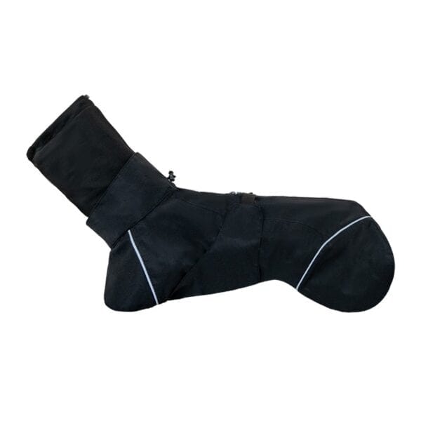 Reflective black dog raincoat with a black hood, side view showing the straps and reflective details.