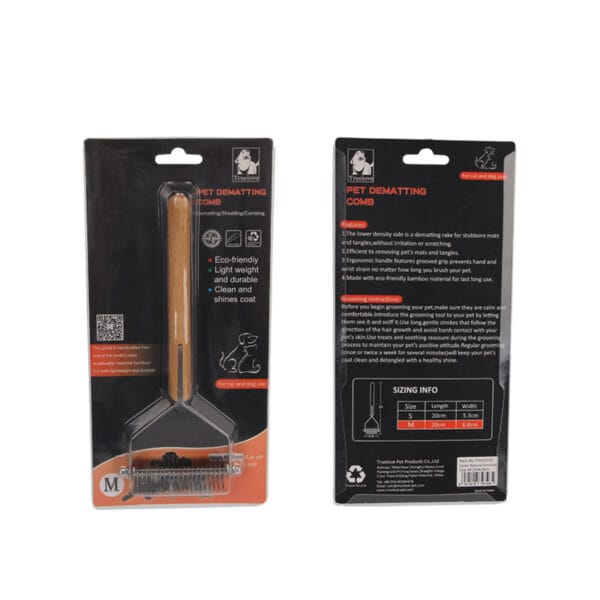Two packages of Truelove Bamboo Molting Hair Combs are shown, front and back. Each comb features a bamboo handle and metal blades. Packaging highlights eco-friendly materials, product details, and sizing info for various pet sizes.