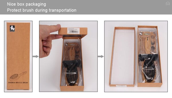 A hand opens a rectangular brown box containing the Truelove Bamboo Pet Grooming Comb – Premium Brush. The packaging is shown closed, opening, and fully open with a protective tray inside. Text above highlights the packaging benefits.