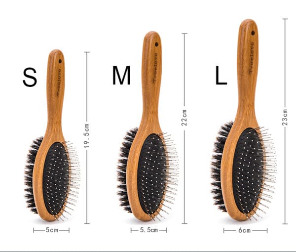 Truelove Bamboo Pet Brush with Boar Bristles Sizes Truelove Bamboo Pet Brush – Stainless Steel Pins & Boar Bristles, available in small (19.5 cm), medium (22 cm), and large (23 cm) sizes labeled S, M, and L; width and height shown next to each brush.