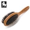 Truelove Bamboo Pet Brush with Boar Bristles - main with white background The Truelove Bamboo Pet Brush features stainless steel pins on one side and boar bristles on the other, with a wooden handle engraved "Truelove" and a top left black-and-white dog logo reading "Truelove.