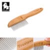 The Truelove Bamboo Pet Grooming Brush features a wooden handle, stainless steel pins, and an engraved "Truelove" logo. Close-up images highlight the brush’s pin details, bamboo texture, and logo, with the Truelove dog logo shown in the corner.