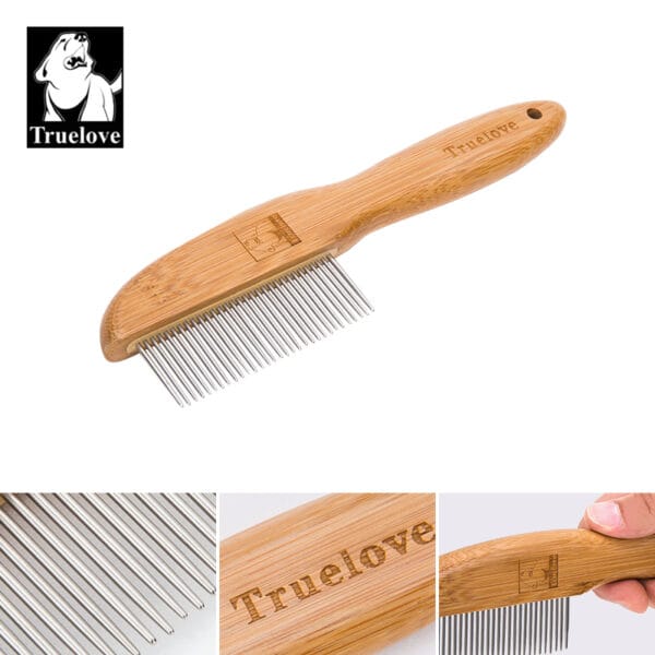 The Truelove Bamboo Pet Grooming Brush features a wooden handle, stainless steel pins, and an engraved "Truelove" logo. Close-up images highlight the brush’s pin details, bamboo texture, and logo, with the Truelove dog logo shown in the corner.