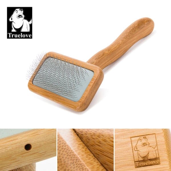 The Truelove Bamboo Pet Comb is a grooming tool with fine metal bristles, an angled handle, detailed bamboo wood, and an engraved "Truelove" logo featuring a dog’s face.